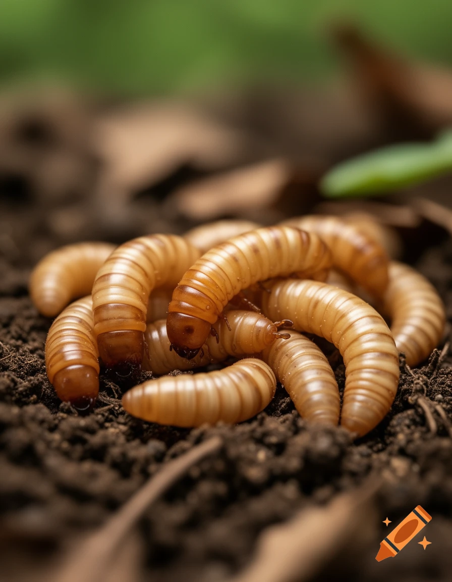 Close-up of numerous light brown mealworms clustered on dark soil.