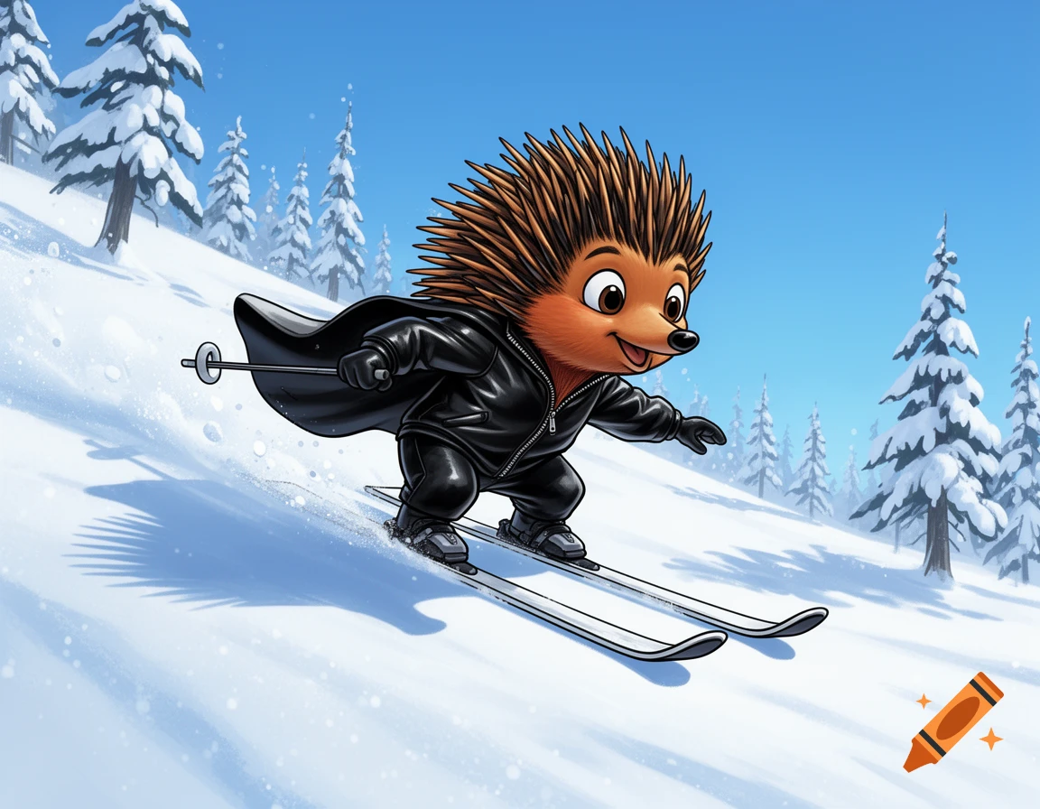 Cartoon echidna in a black jacket and cape skiing down a snowy mountain slope with pine trees.