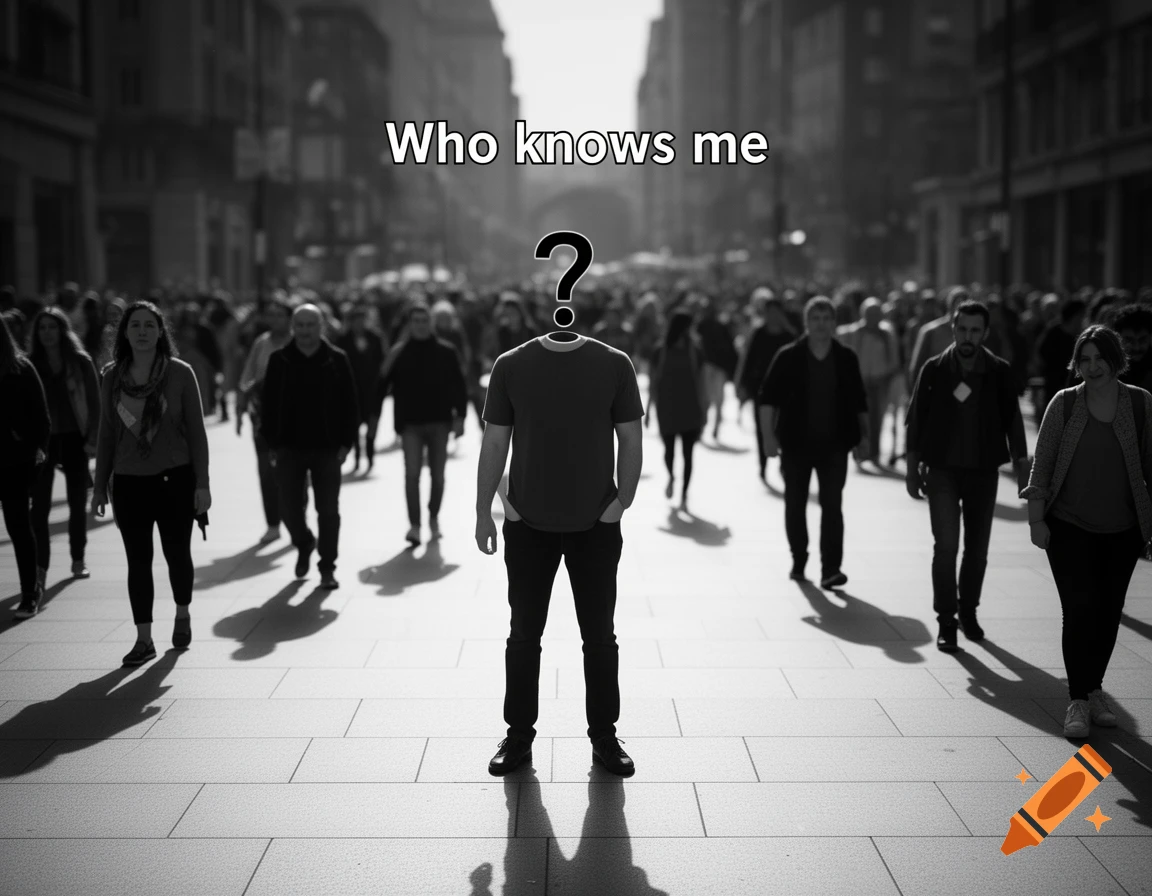 Black and white conceptual photo of a person with a question mark head in a crowd. Text 'Who knows me' above.