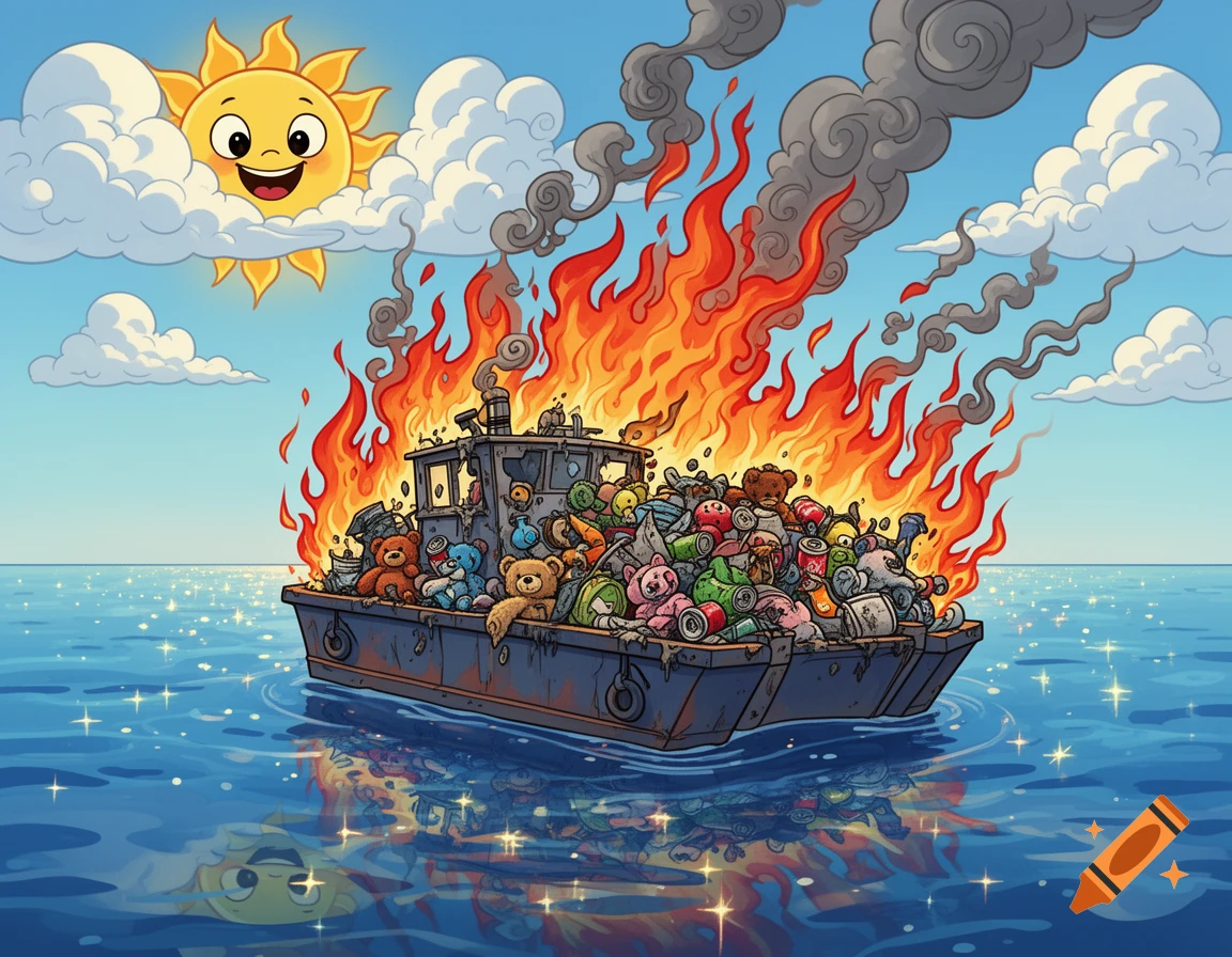 A cartoon trash barge burns brightly with flames and smoke on a blue ocean, under a smiling cartoon sun in a clear sky.