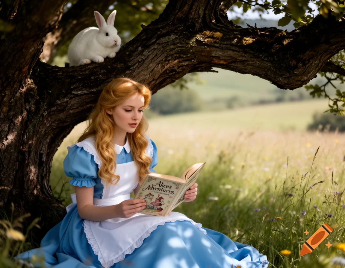 Alice in Wonderland sits under a tree, reading her book, while a white rabbit perches on a branch above her in a sunny field.
