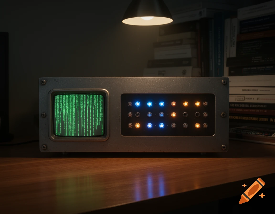 An old computer terminal with green 'Matrix' code on its screen and colorful lights, on a wooden desk.