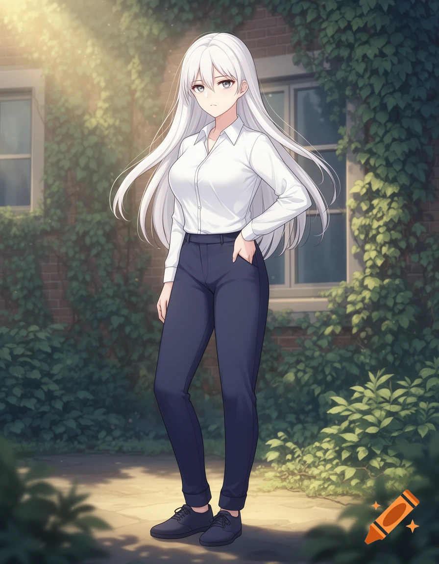 Anime woman with long white hair, white shirt, and dark pants stands confidently outdoors in front of an ivy-covered building.