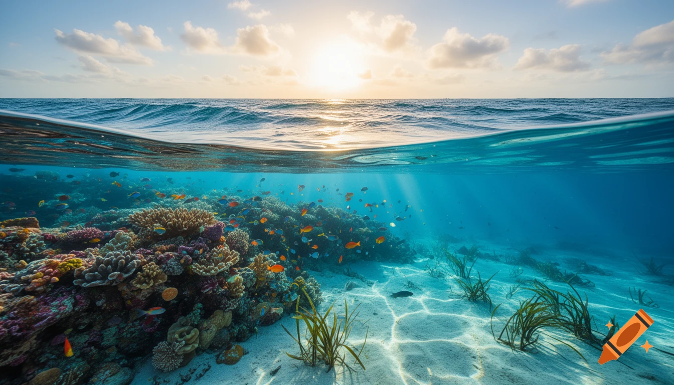 Split view of a vibrant coral reef with colorful fish underwater and a sunlit ocean surface with a cloudy sky above.