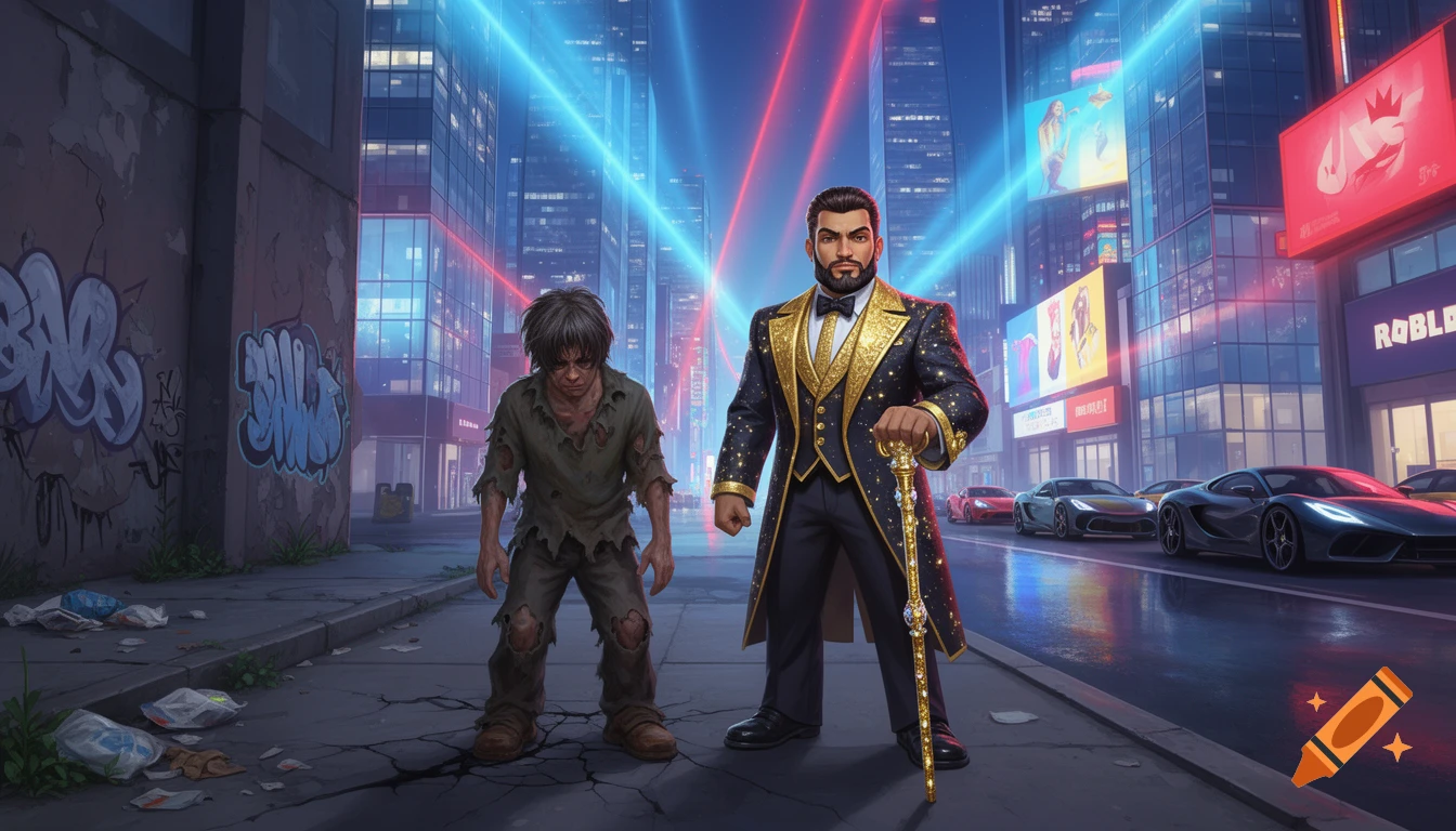 A rich man in a sparkling suit with a cane stands next to a poor man in rags on a neon-lit city street with luxury cars.