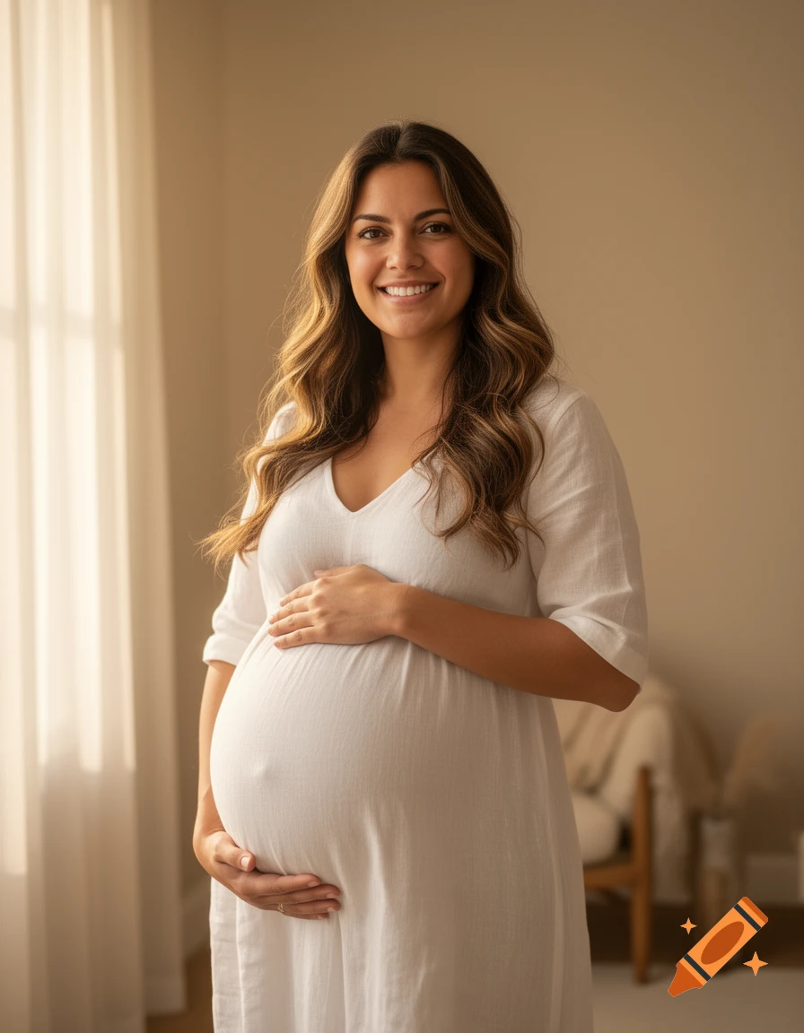 Smiling pregnant woman with long brown hair, wearing a white dress, gently rubs her very large belly in soft window light.