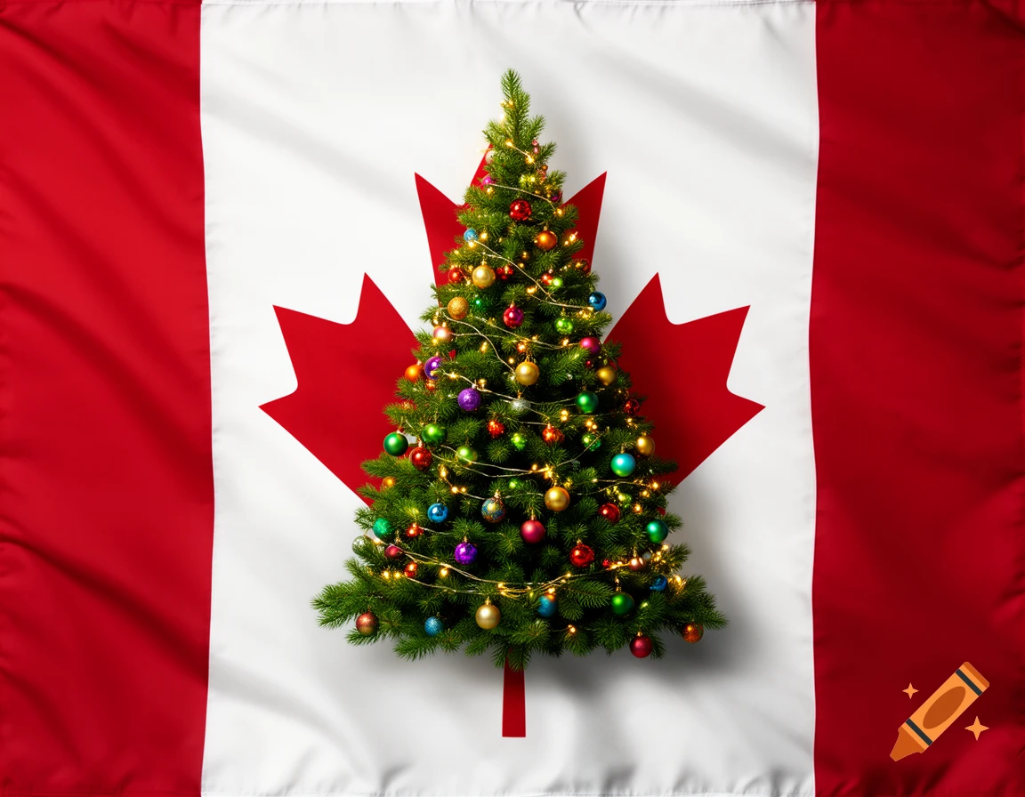 A vibrant Christmas tree adorned with colorful ornaments and lights stands against the backdrop of a Canadian flag.