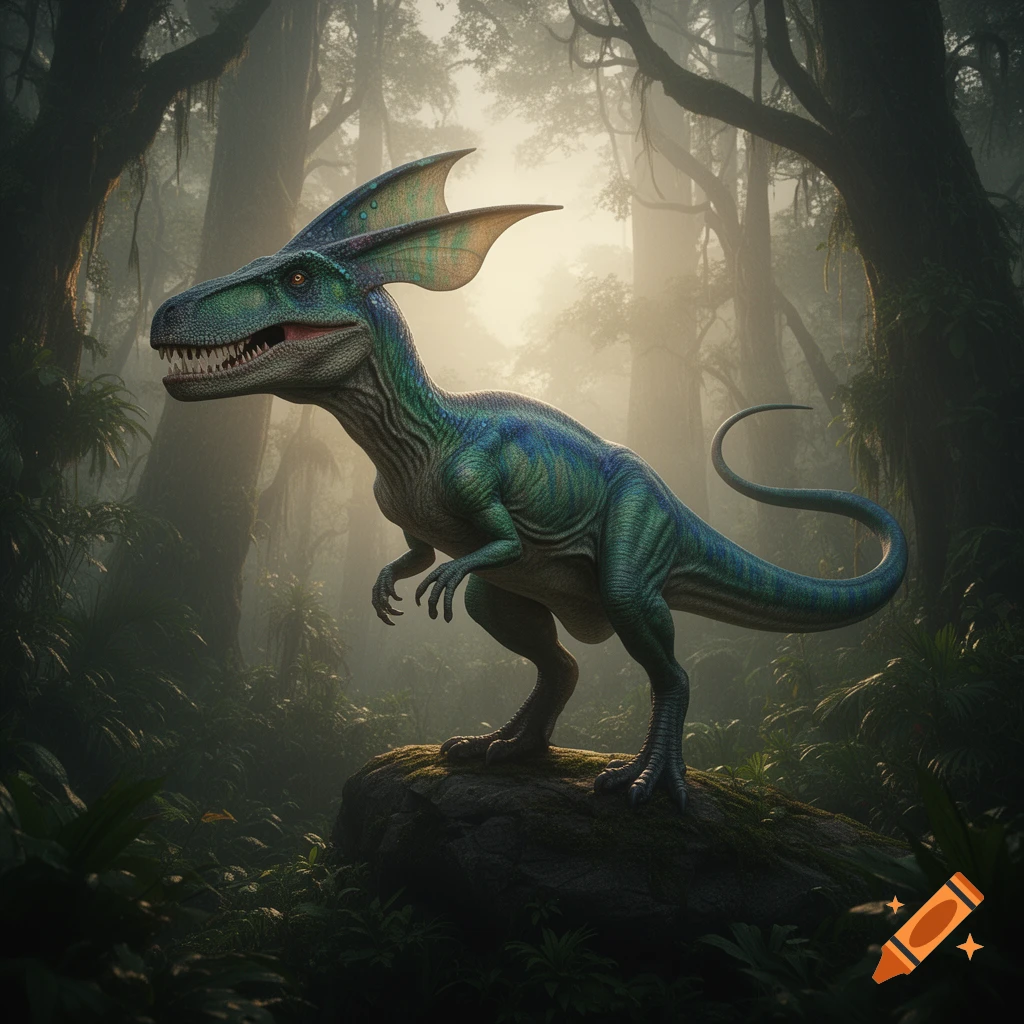 A blue and green dinosaur with crests on its head stands on a mossy rock in a foggy, lush jungle with tall trees.