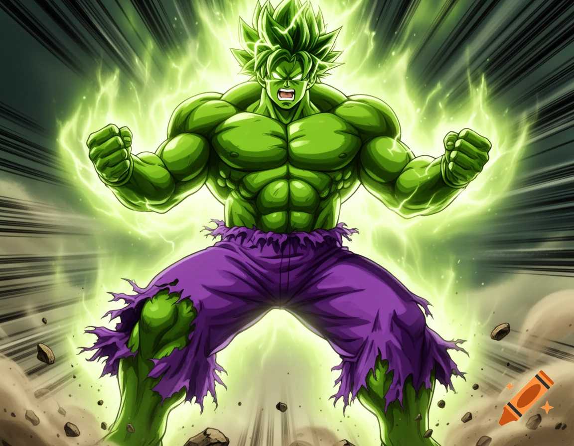 Muscular green character with spiky hair and torn purple pants, radiating green energy, in an anime style.