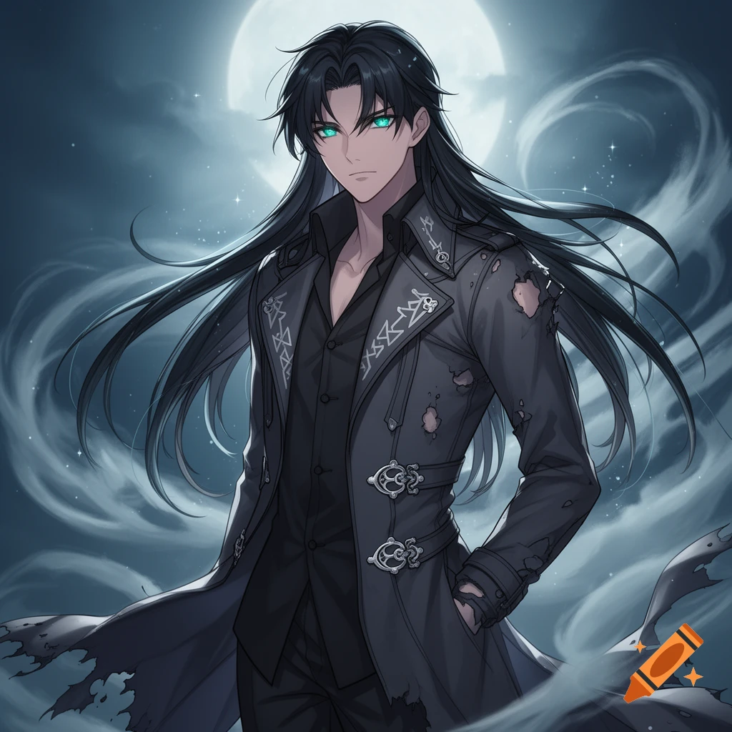 An anime man with long black hair and glowing turquoise eyes wears a tattered dark coat over a black shirt, standing against a full moon in a cloudy night sky.