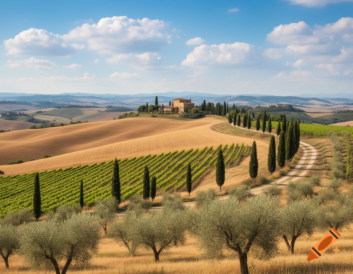 Photorealistic Tuscan landscape with rolling golden hills, green vineyards, cypress trees lining a winding dirt road, and a distant farmhouse under a blue sky.