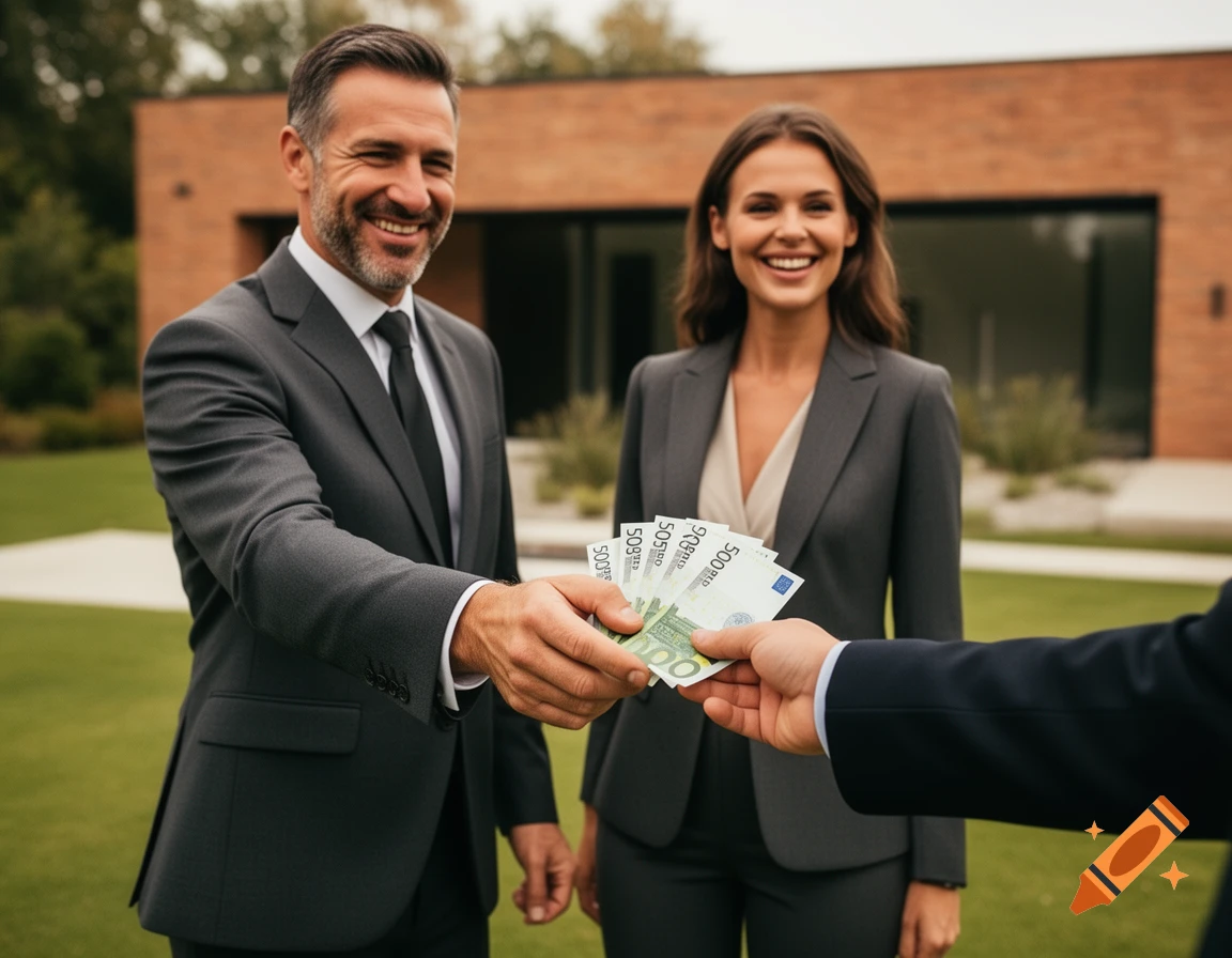 Photorealistic image of a smiling businessman handing 500 Euro banknotes to an unseen person, with a smiling businesswoman and modern villa in the background.