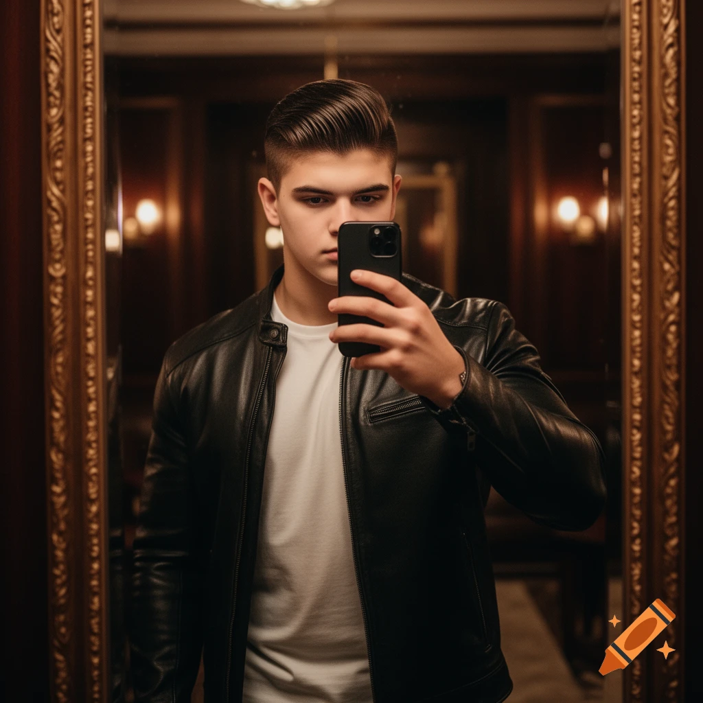 Photorealistic portrait of a young man in a leather jacket taking a mirror selfie with his smartphone in a dim, ornate room.