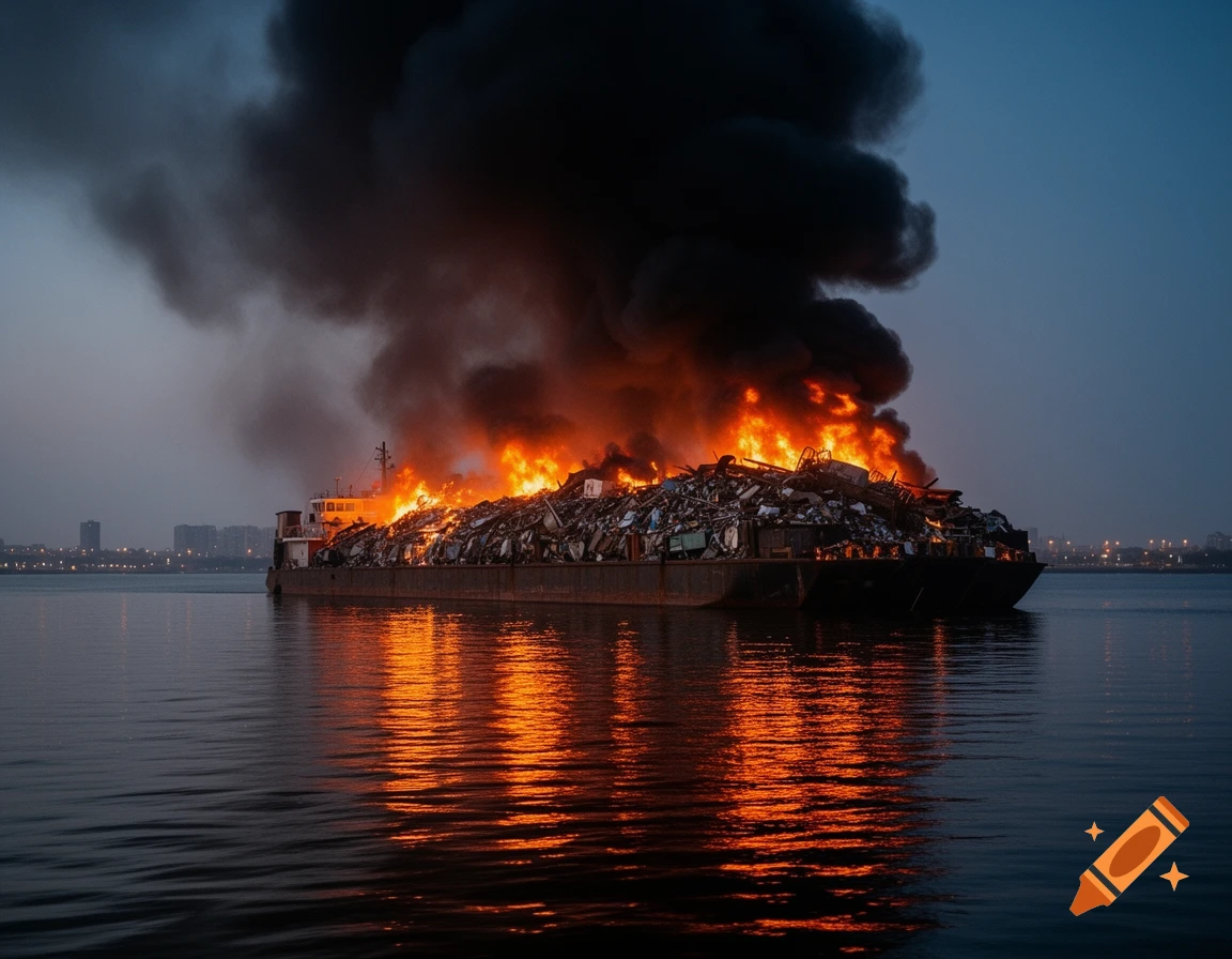 A large barge full of trash burns fiercely on a river, emitting thick black smoke against a dusky sky with city lights.