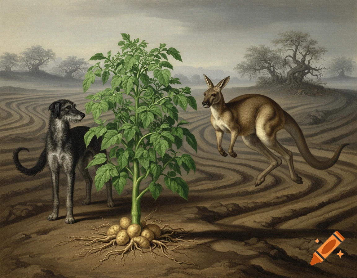 A wolfhound and kangaroo by a potato plant with exposed roots, in a muted, Goya-esque landscape.