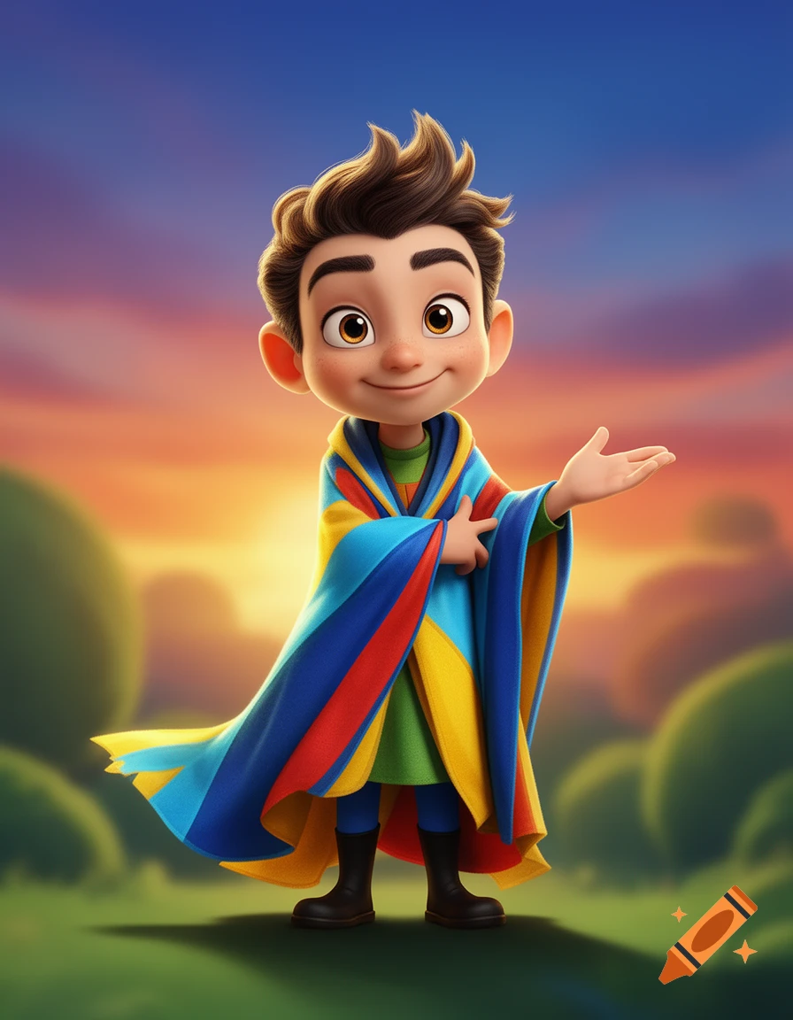 A smiling, animated boy with spiky hair and freckles wears a colorful striped cape, standing in a grassy field at sunset with an open hand.