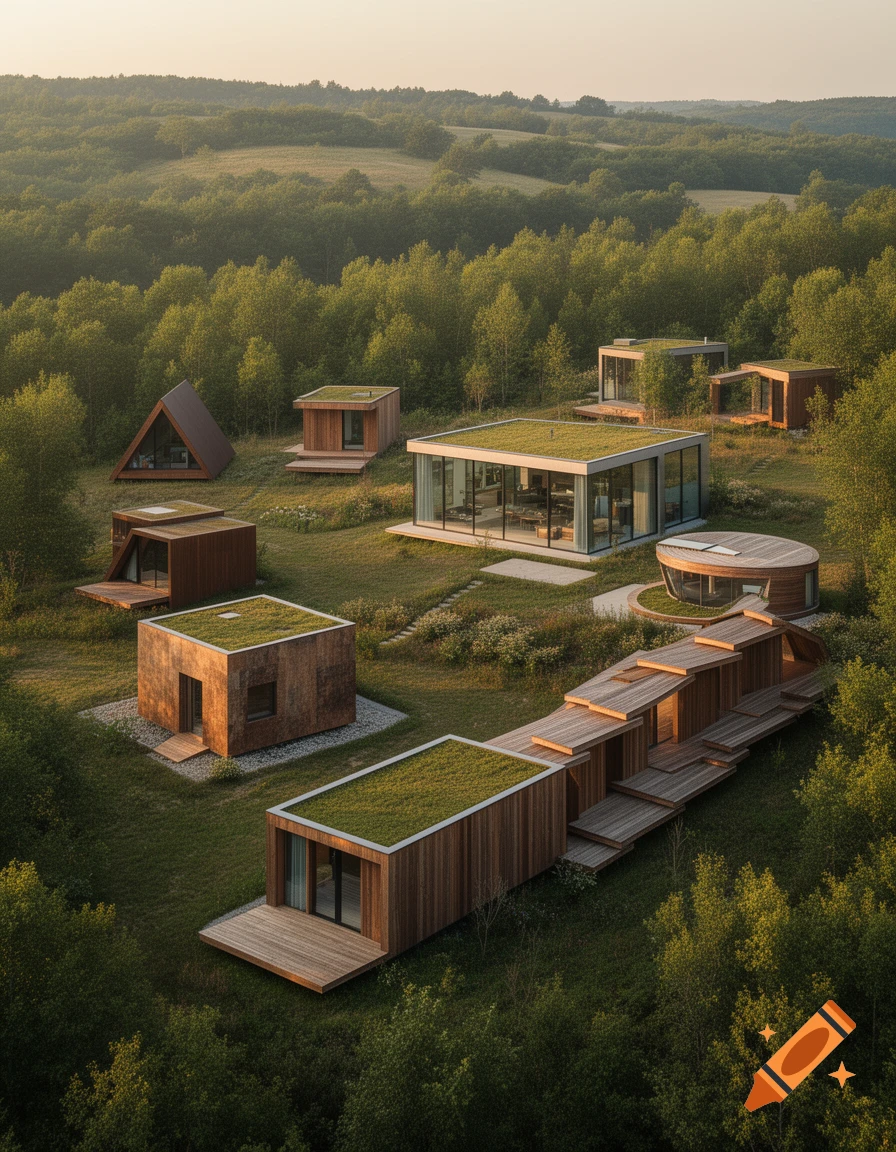 Aerial view of modern wooden houses with green roofs nestled in a lush, forested landscape at sunset.