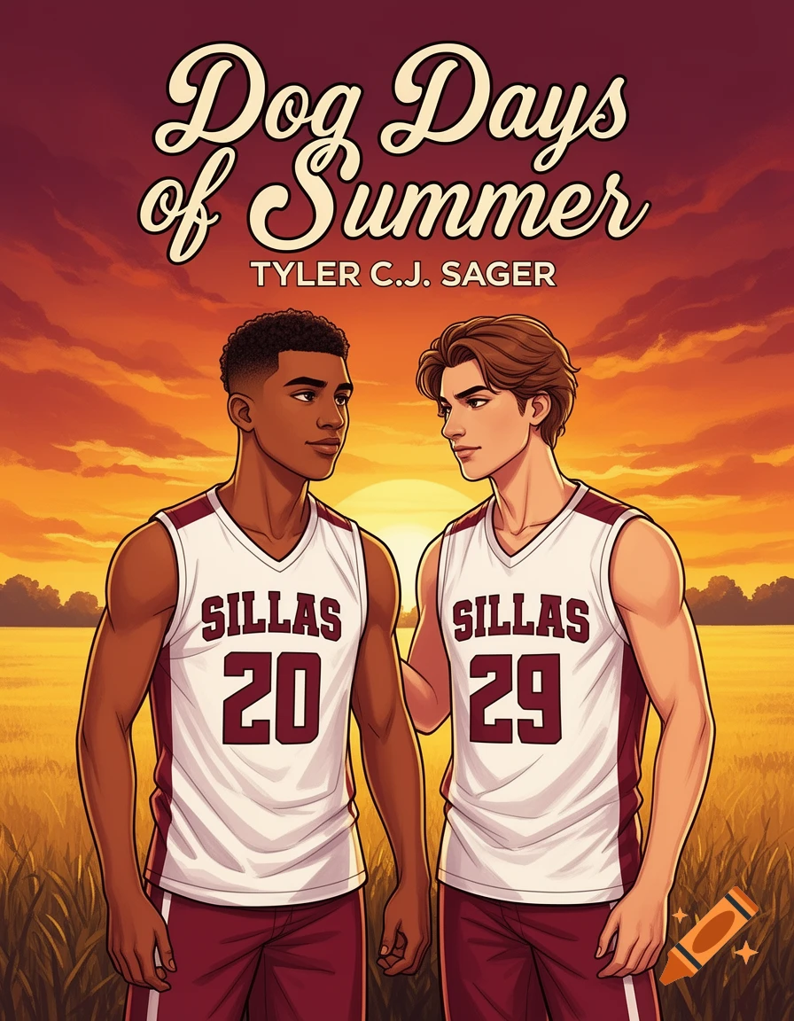 Anime-style illustration of two young men in basketball jerseys against a sunset field. Text reads "Dog Days of Summer".