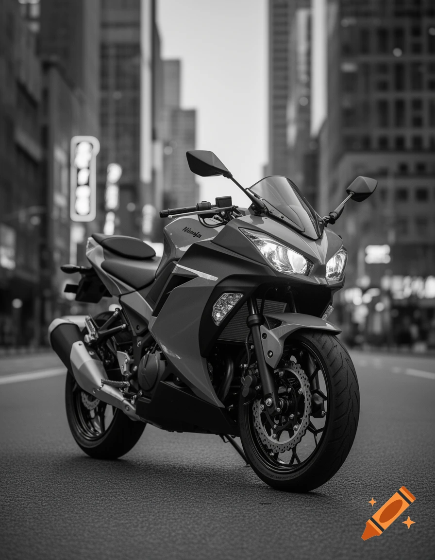 A black and white photorealistic image of a Kawasaki Ninja motorcycle parked on a city street with buildings in the background.