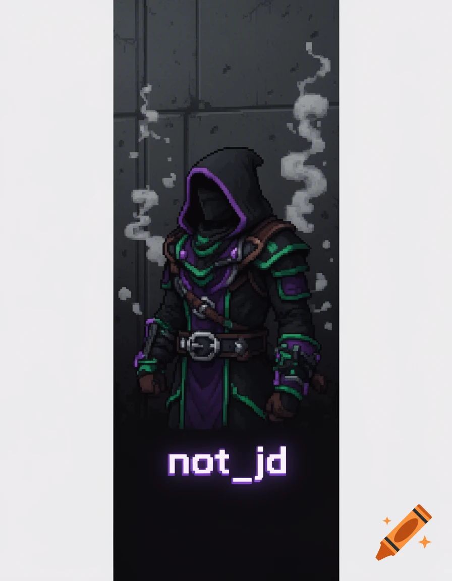 Pixel art hooded rogue character in black, purple, and green armor, with smoke effects and the text 'not_jd' below.