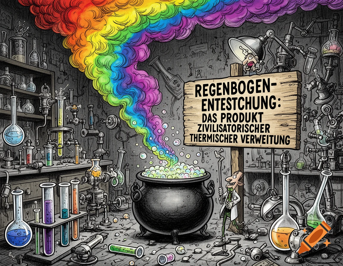 A satirical comic illustration of a mad scientist's laboratory with a bubbling cauldron emitting a rainbow smoke and a sign that reads "Regenbogen-Entestchung" in a gritty style.