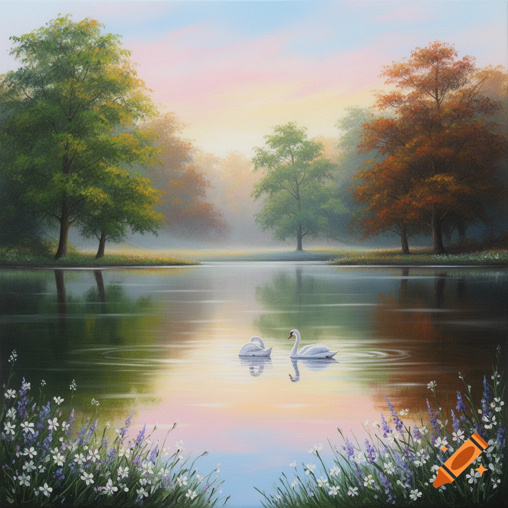 Two white swans swim on a calm lake reflecting a colorful sunset, surrounded by lush trees and foreground wildflowers in an acrylic painting style.