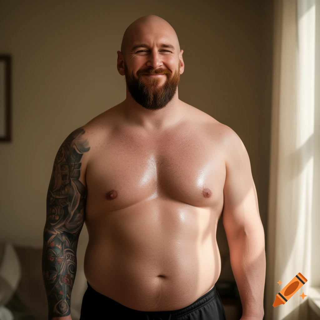 Photorealistic portrait of a bald, bearded man with a full sleeve tattoo, smiling at the camera, wearing black shorts.