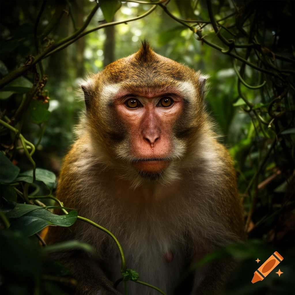 Close-up photorealistic portrait of a monkey with brown fur and a reddish face, peering through dark green jungle foliage.
