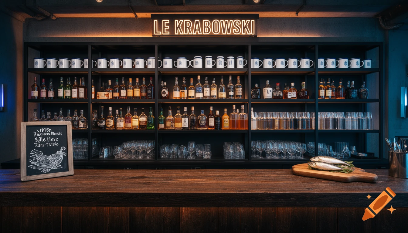 Photorealistic image of a modern bar counter with dark wood, shelves of liquor bottles, white mugs, a chalkboard menu, and two fish on a cutting board, illuminated by amber and blue neon lights.