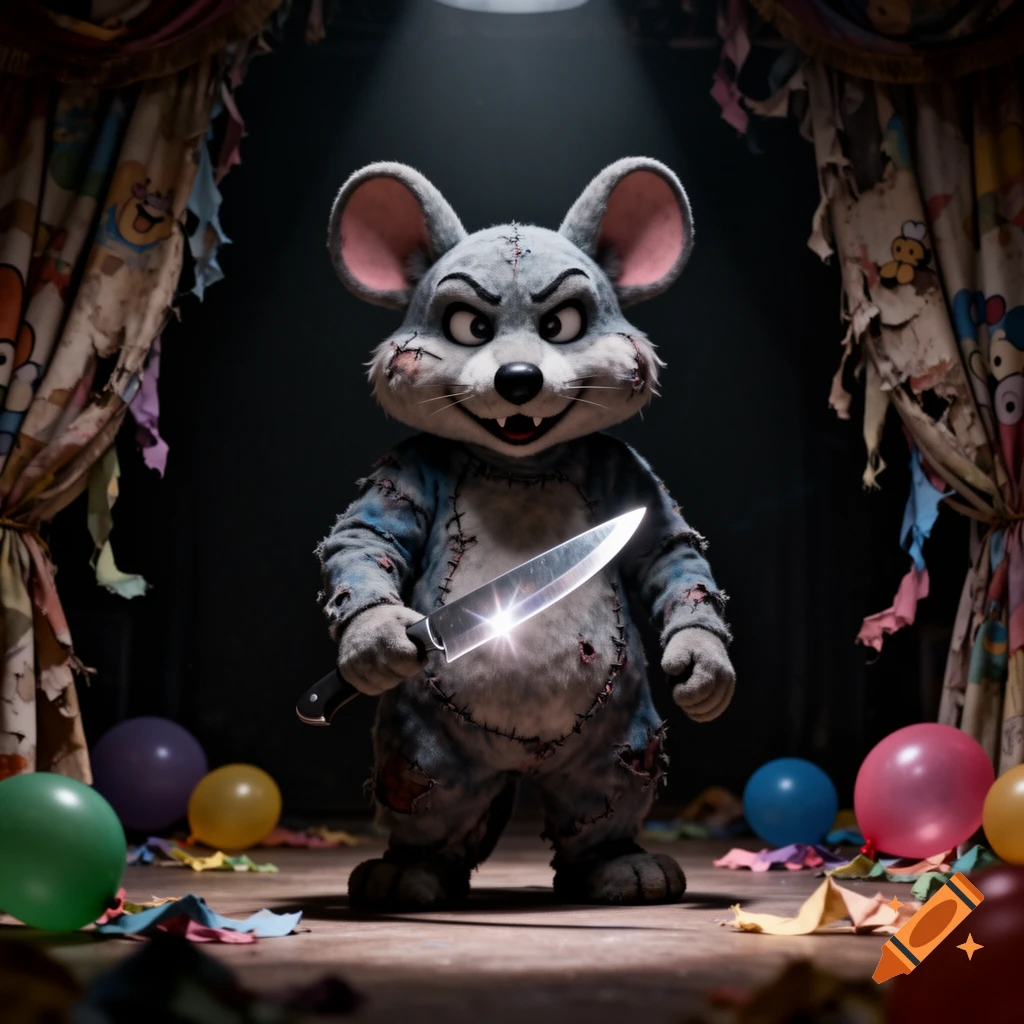 A creepy, stitched-up mouse mascot with an angry expression stands on a dark stage holding a shiny knife, surrounded by torn curtains and scattered balloons.