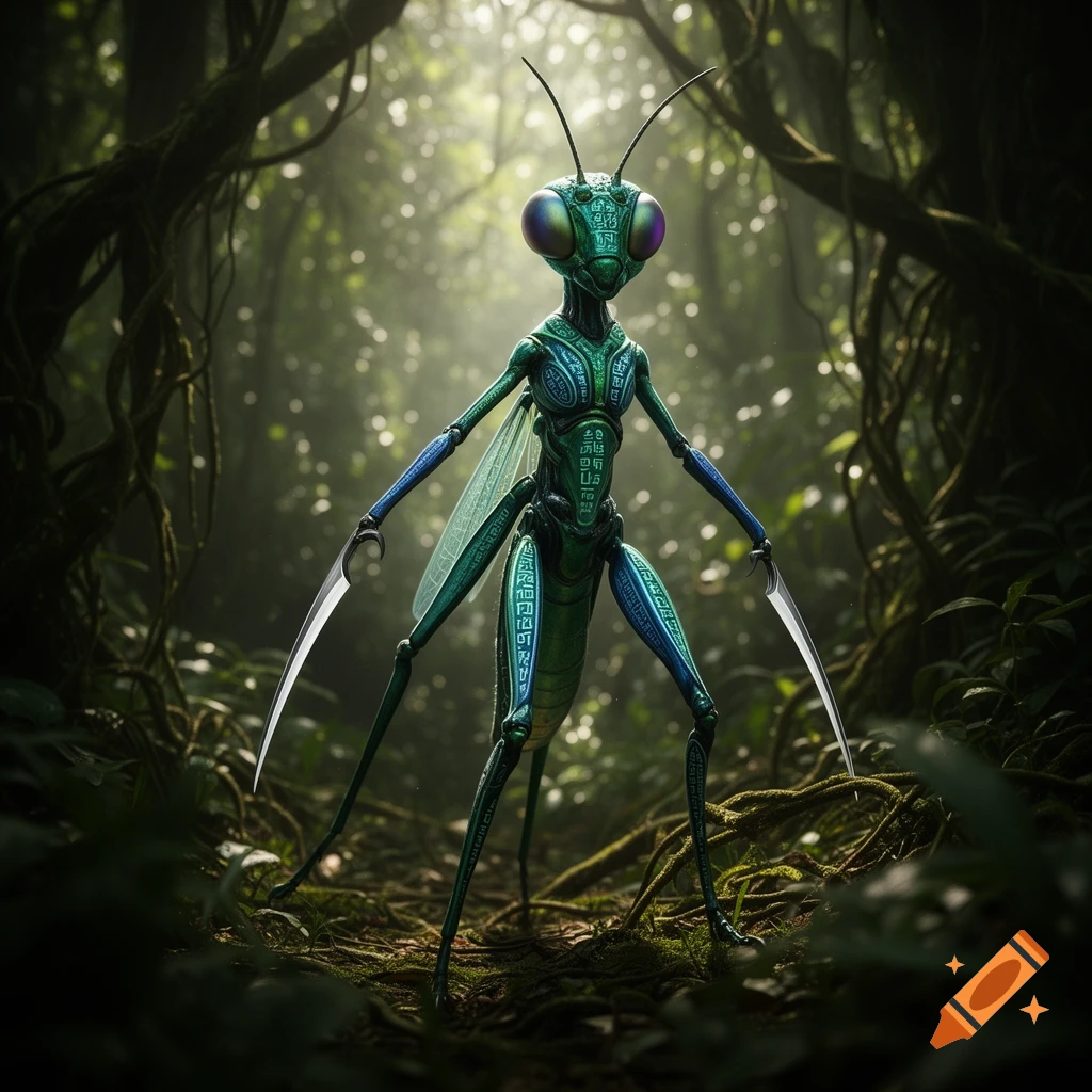 A detailed humanoid insect creature with glowing purple eyes and blades on its arms stands in a lush, misty jungle, featuring intricate patterns on its body.