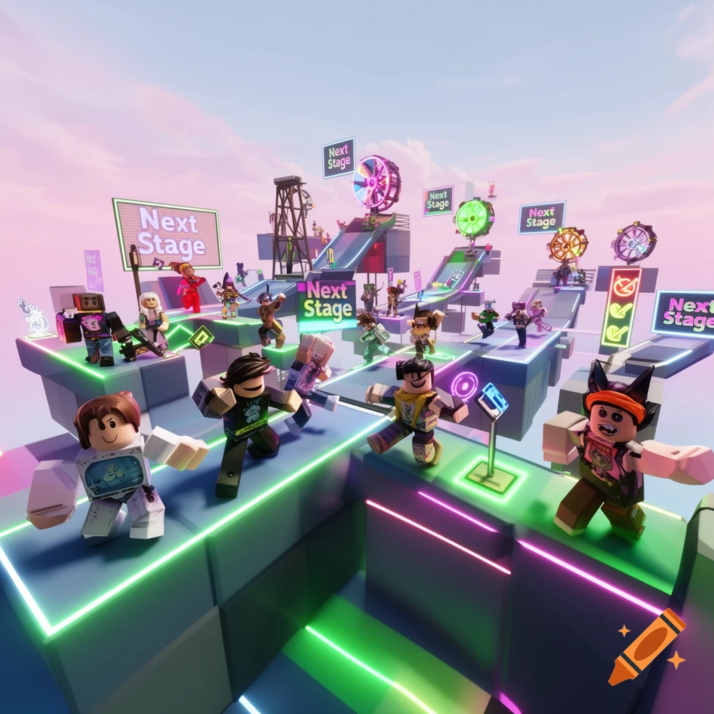 Roblox characters navigate a brightly lit neon-themed obby (obstacle course) with 'Next Stage' signs under a pink sky.
