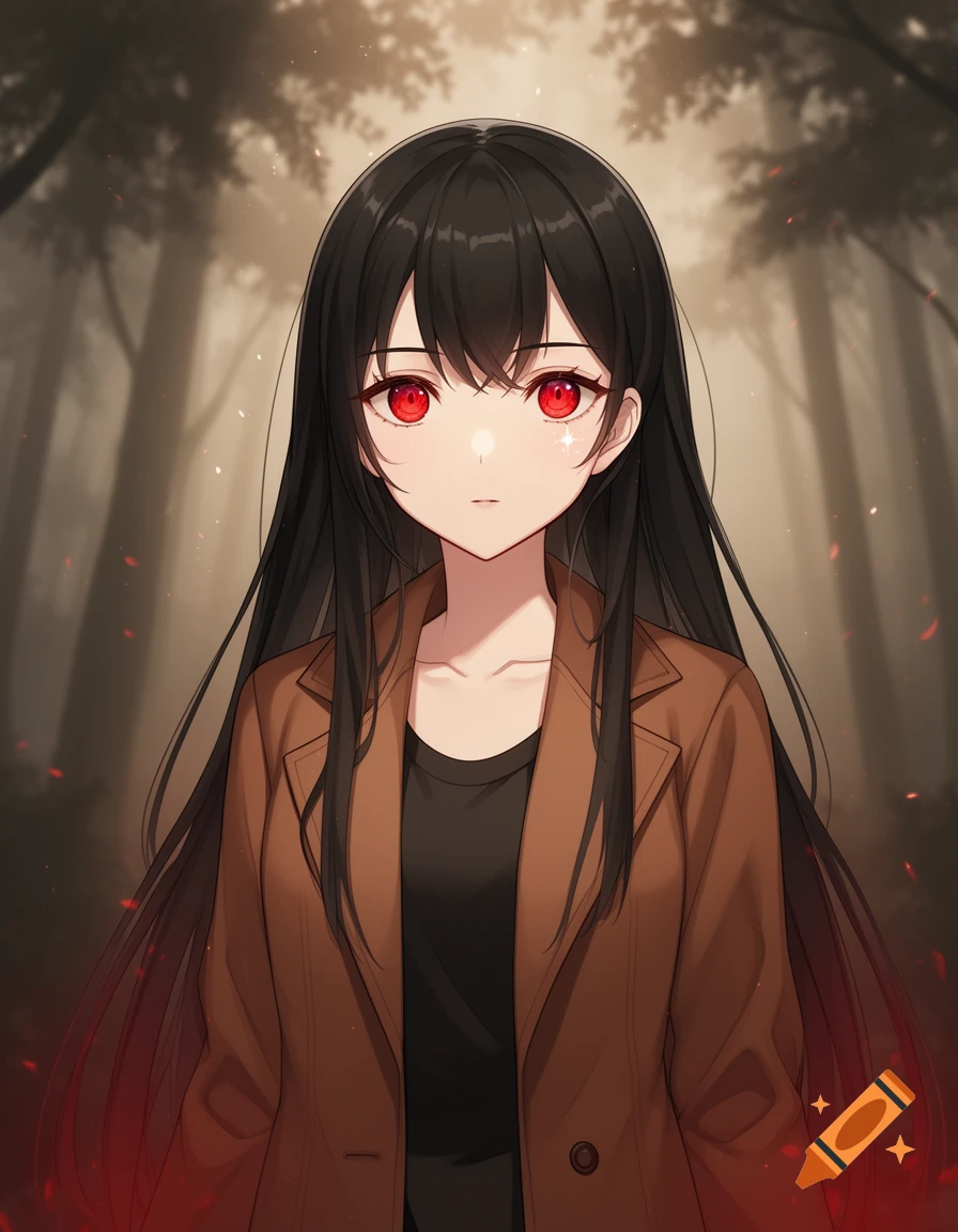 An anime girl with long black hair and glowing red eyes wears a brown coat over a black shirt, standing in a dark, misty forest.