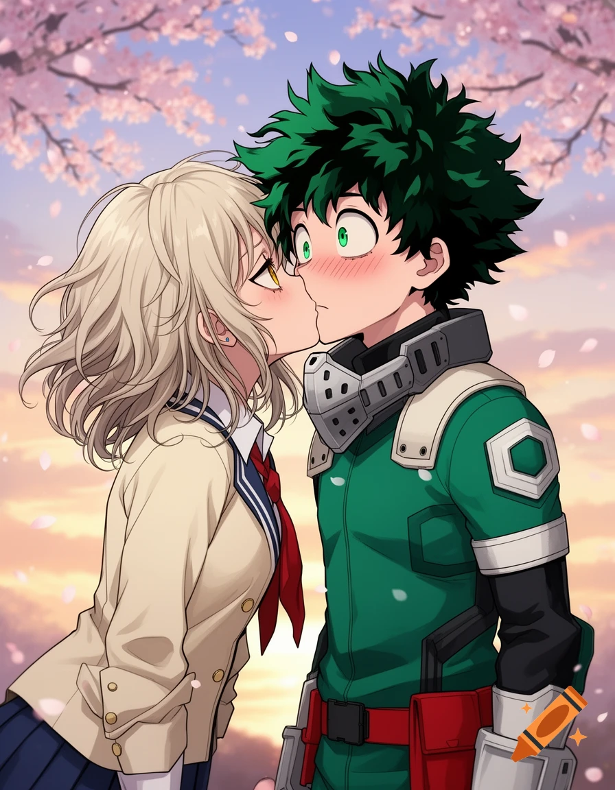 Anime characters Himiko Toga and Izuku Midoriya (Deku) about to kiss under cherry blossoms at sunset.