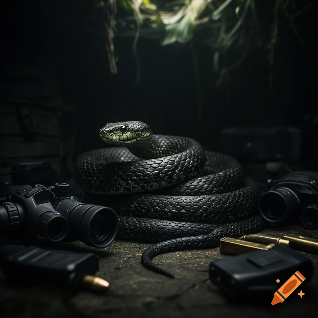 A photorealistic image of a coiled black viper snake surrounded by tactical binoculars and ammunition in a dark, leafy environment.