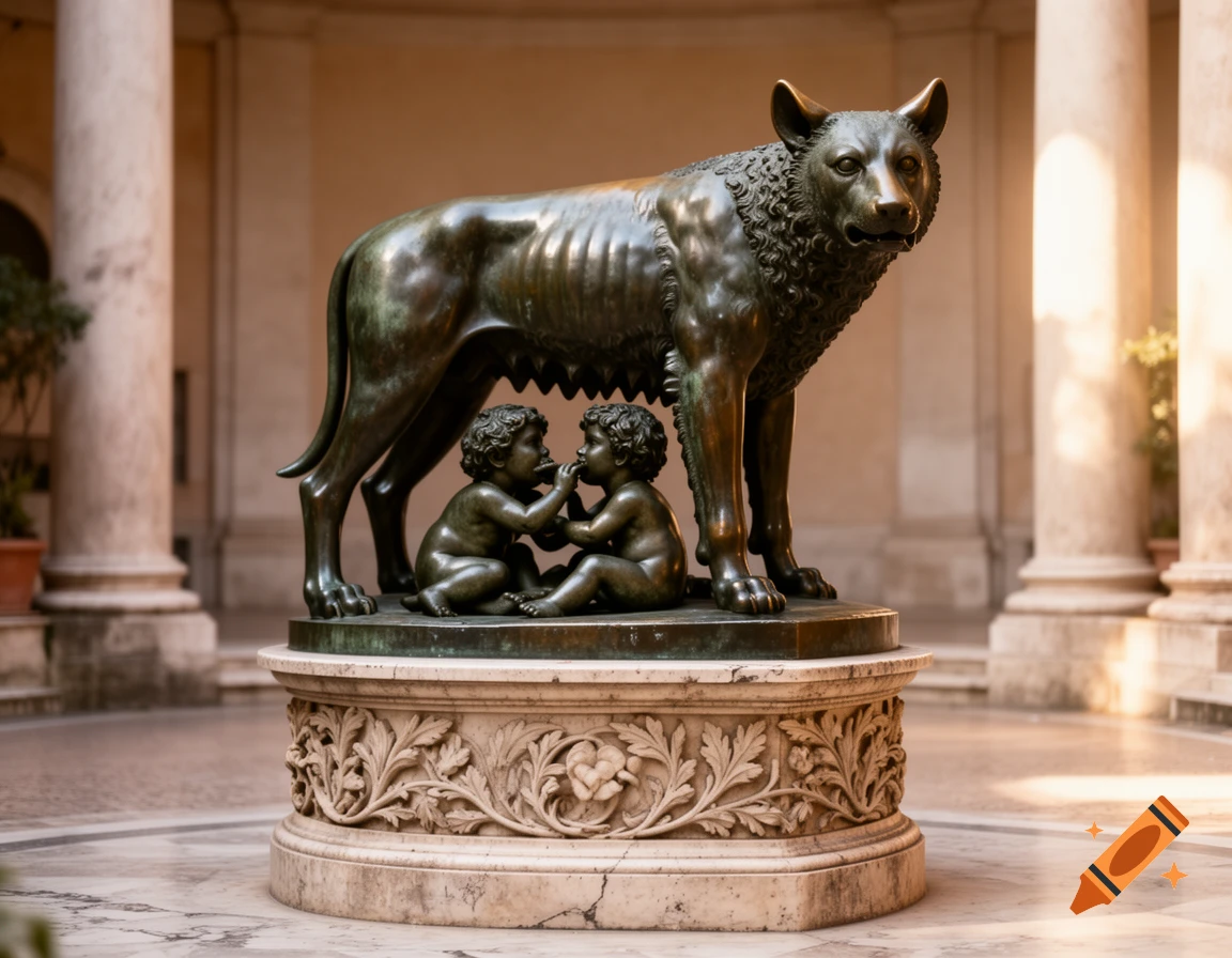 Bronze statue of the Capitoline Wolf with Romulus and Remus suckling beneath her, set in a historic Roman building.
