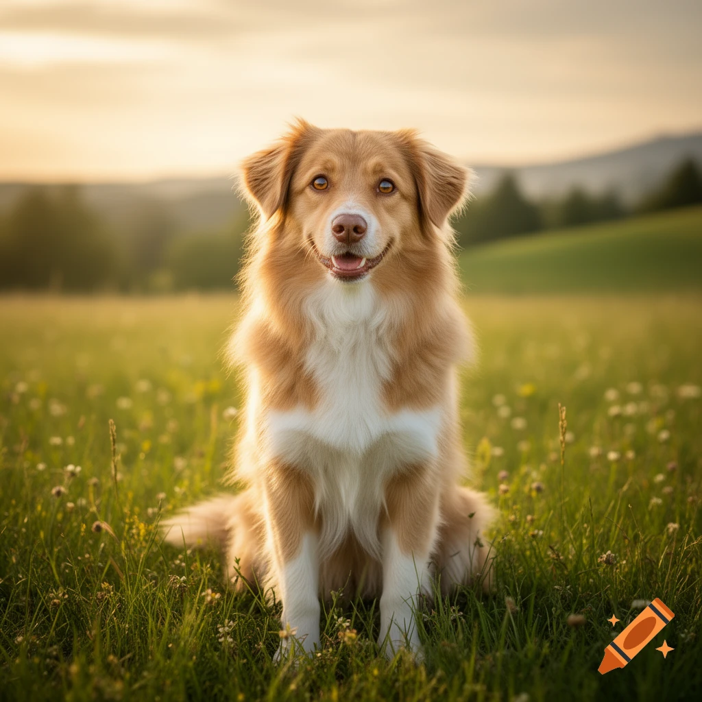 A light brown and white dog sits in a sunny green field with hills in the background at sunset, looking at the camera.