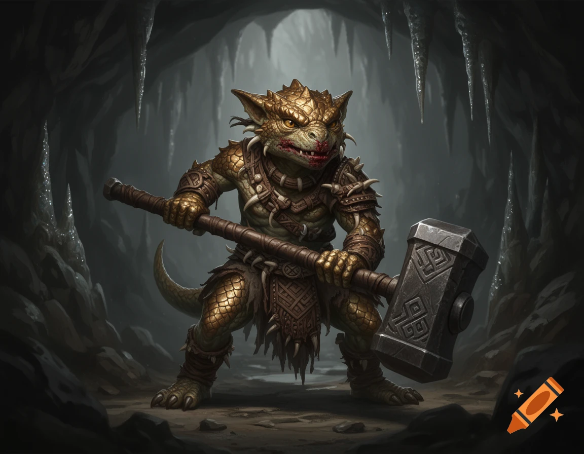 A powerful bronze-scaled kobold barbarian stands in a dark cave, wielding an oversized warhammer in detailed fantasy art.