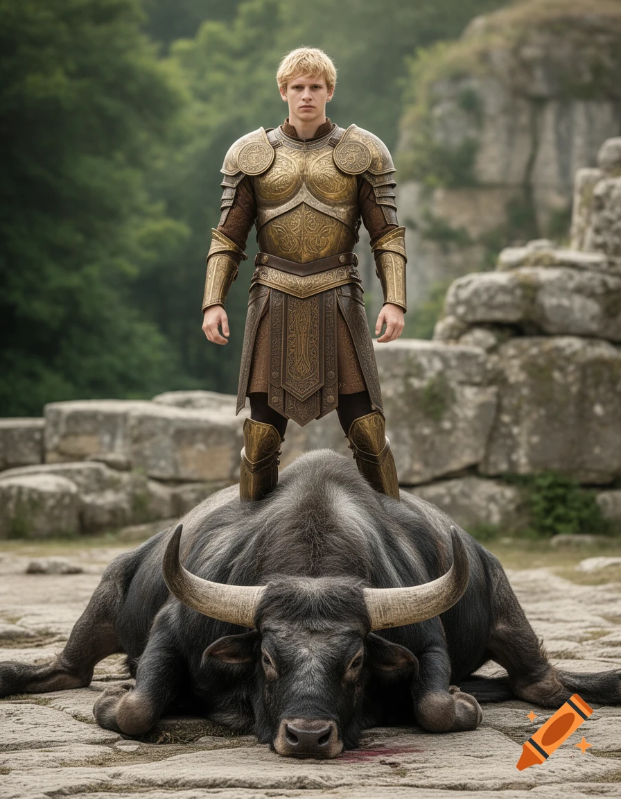 A blond man in ornate gold and bronze armor stands with both feet on the back of a large, dark water buffalo lying on a stone ground.