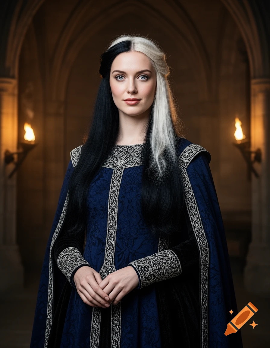 A woman with half black, half white hair, wearing a dark blue medieval dress with silver embroidery, standing in a dimly lit castle hall.