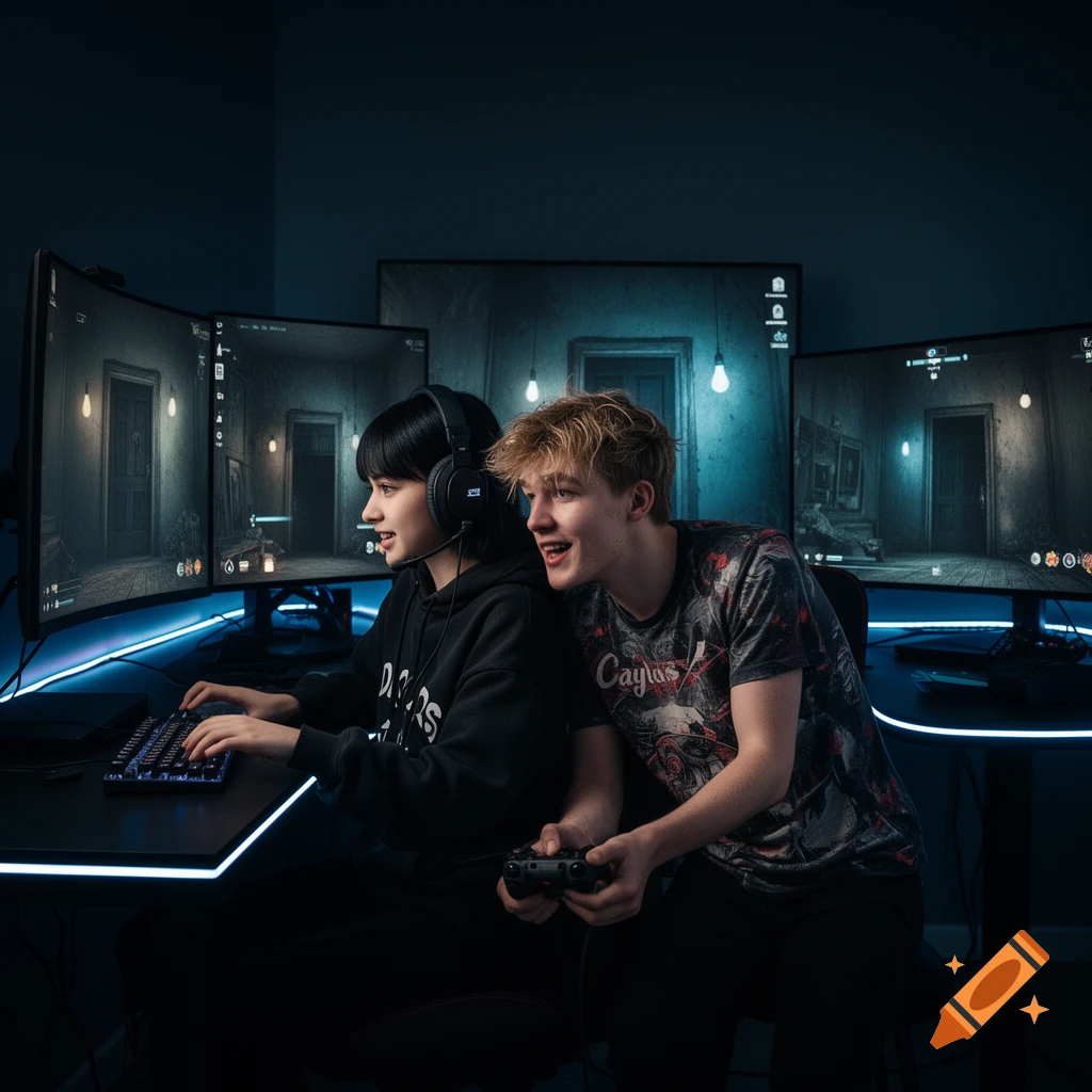 Two young people, a girl and a boy, are engrossed in playing video games on multiple monitors in a dark room illuminated by blue ambient light. The girl wears headphones and uses a keyboard, while the boy holds a controller, both looking excited.