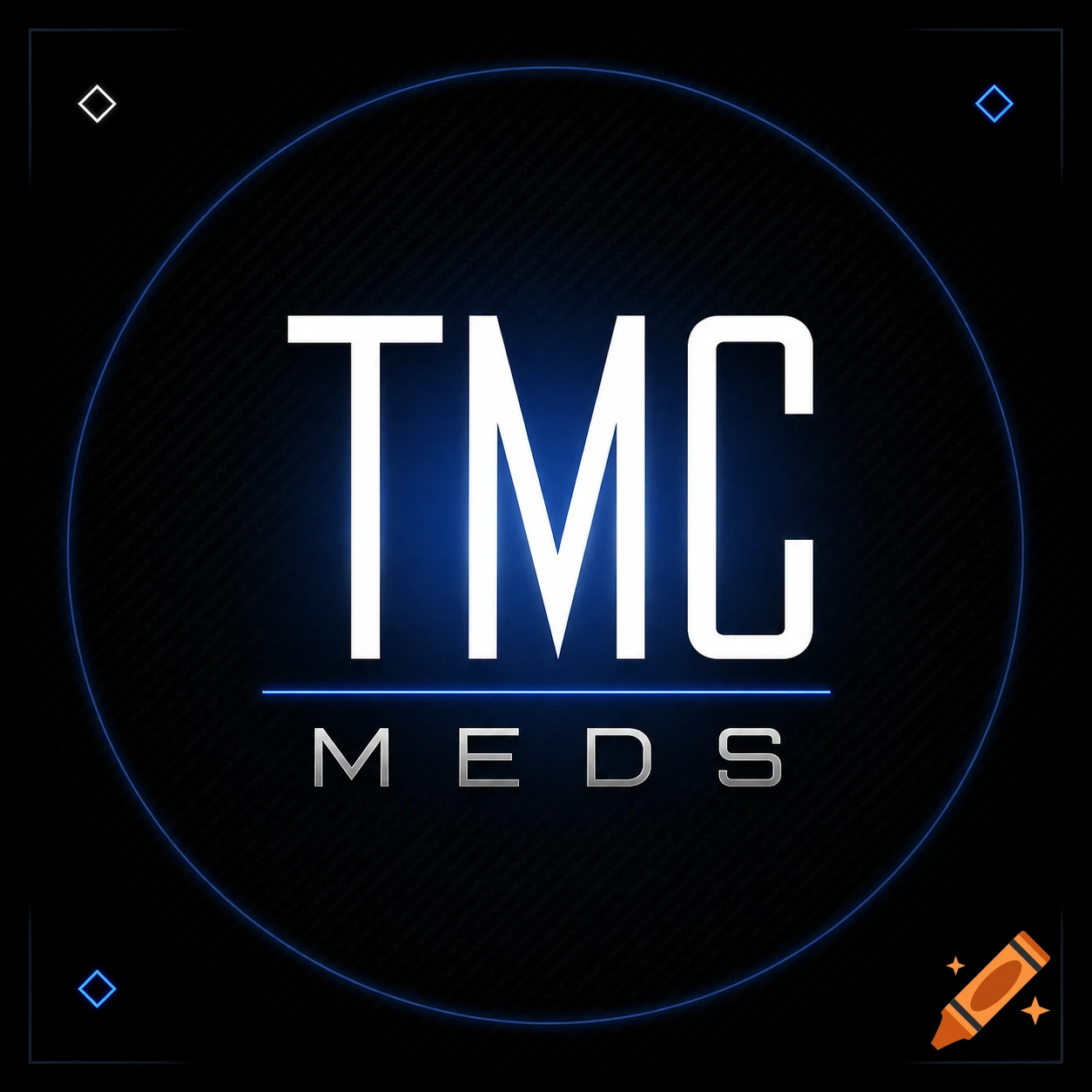 Luxury brand logo with 'TMC' in white, 'MEDS' in grey, blue glowing circle, carbon fiber background, and diamond accents.
