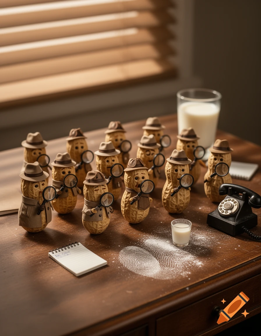 A group of peanuts in detective trench coats and hats, holding magnifying glasses, investigate a milk spill and fingerprint on a wooden desk with an old telephone. Photorealistic.