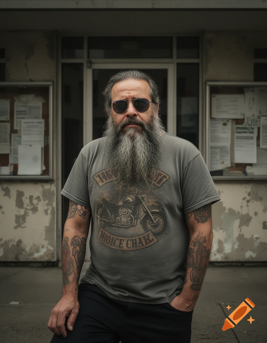 Photorealistic portrait of a bearded man with sunglasses and tattoos wearing a motorcycle club t-shirt, standing outdoors.