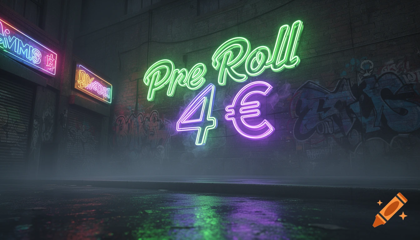 Dark, misty urban alley at night with wet ground reflecting colorful neon signs, including one reading "Pre Roll 4 ", in green and purple.