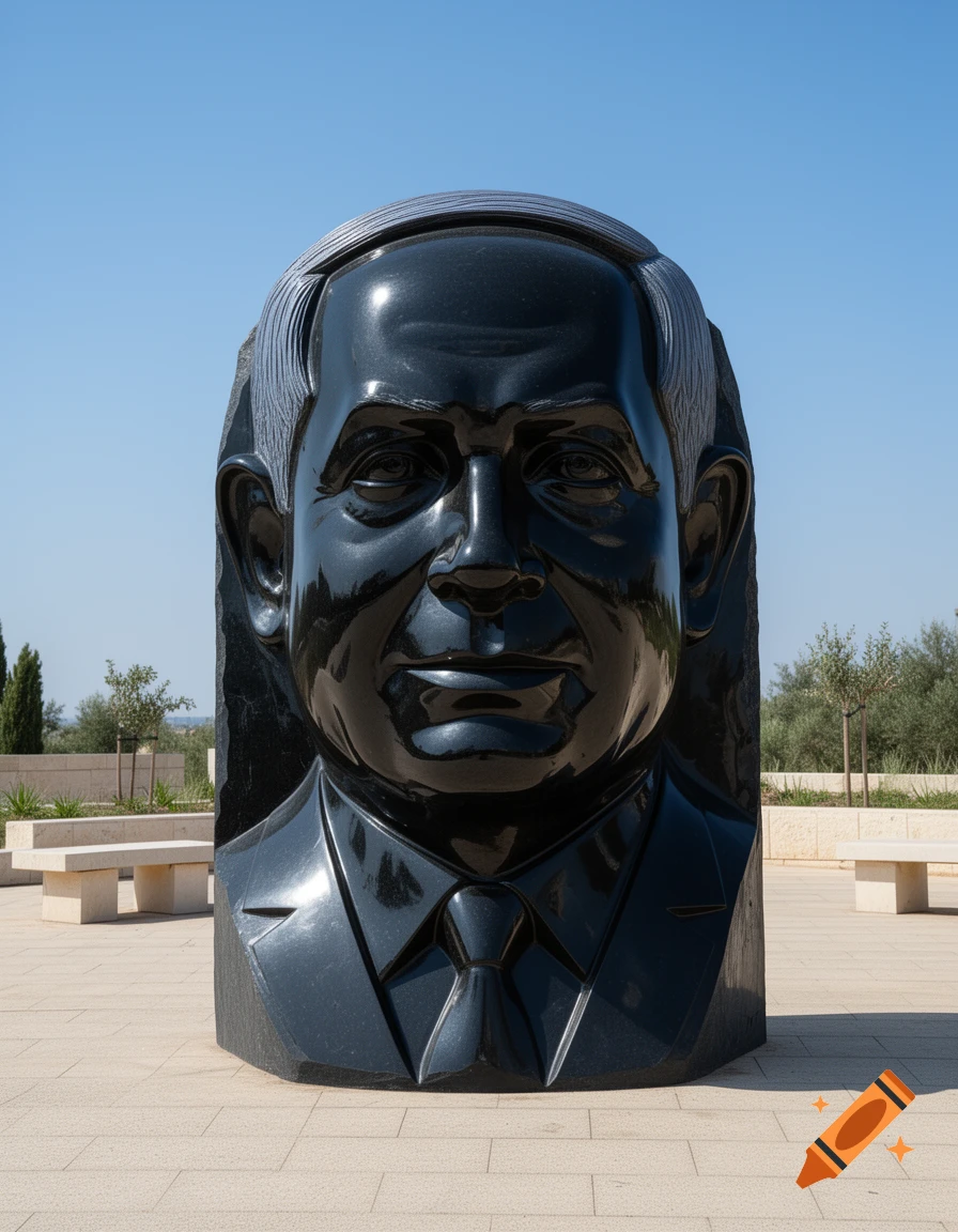 A large, polished black obsidian sculpture of Benjamin Netanyahu's head and shoulders, depicted outdoors against a clear blue sky.