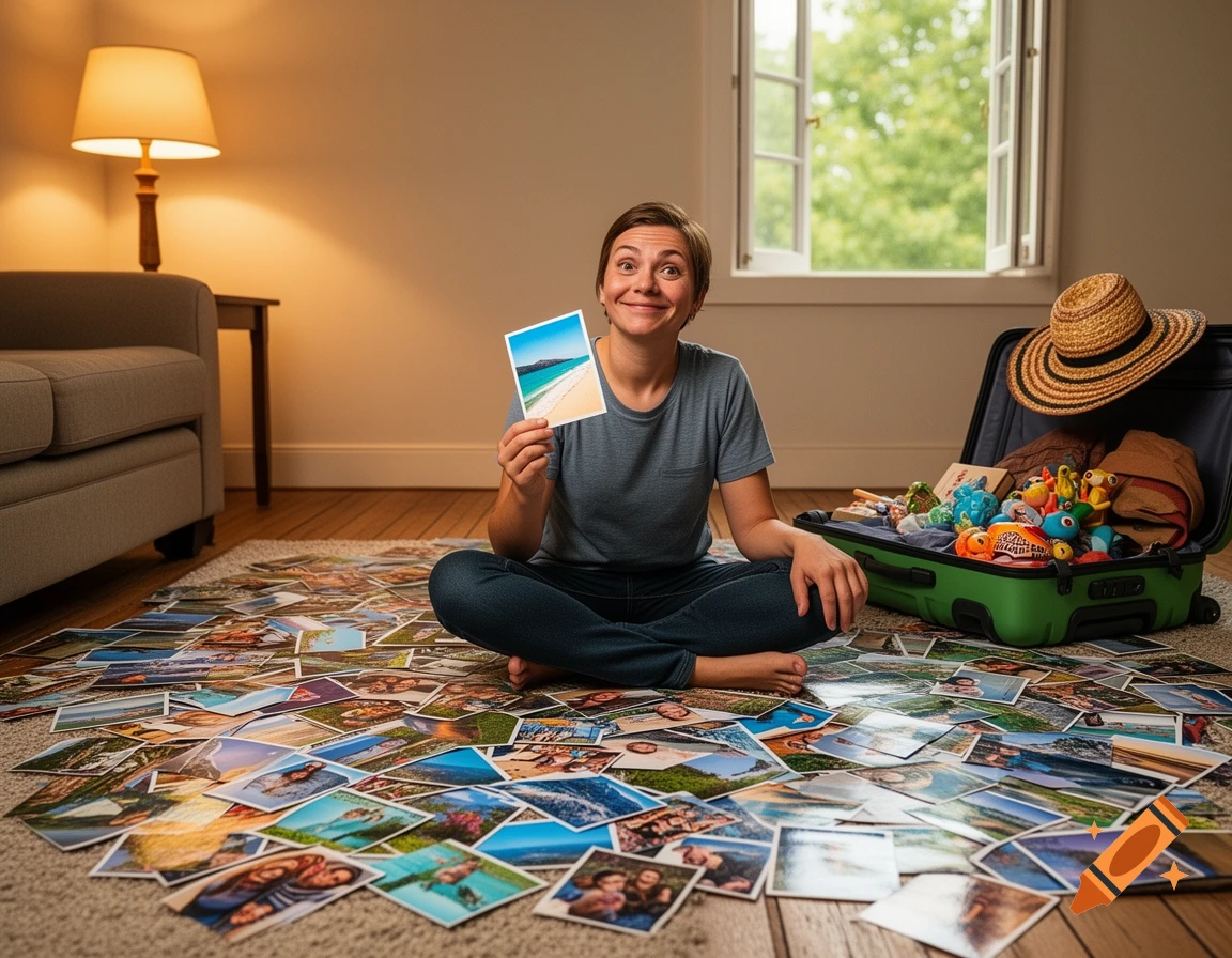 A smiling person sits on a living room floor, overwhelmed by scattered vacation photos, holding a beach picture next to a packed suitcase.