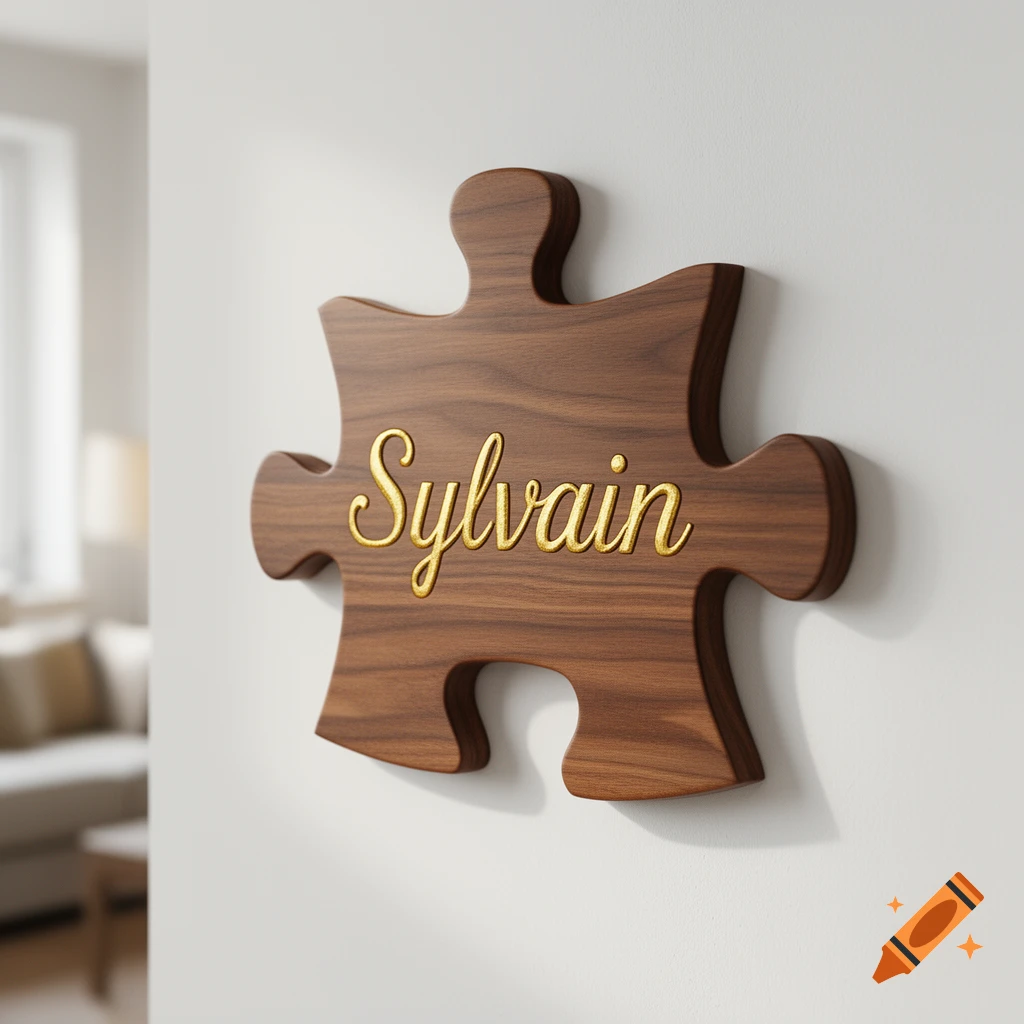 A close-up of a wooden puzzle piece with the name "Sylvain" in gold script, hanging on a white wall.