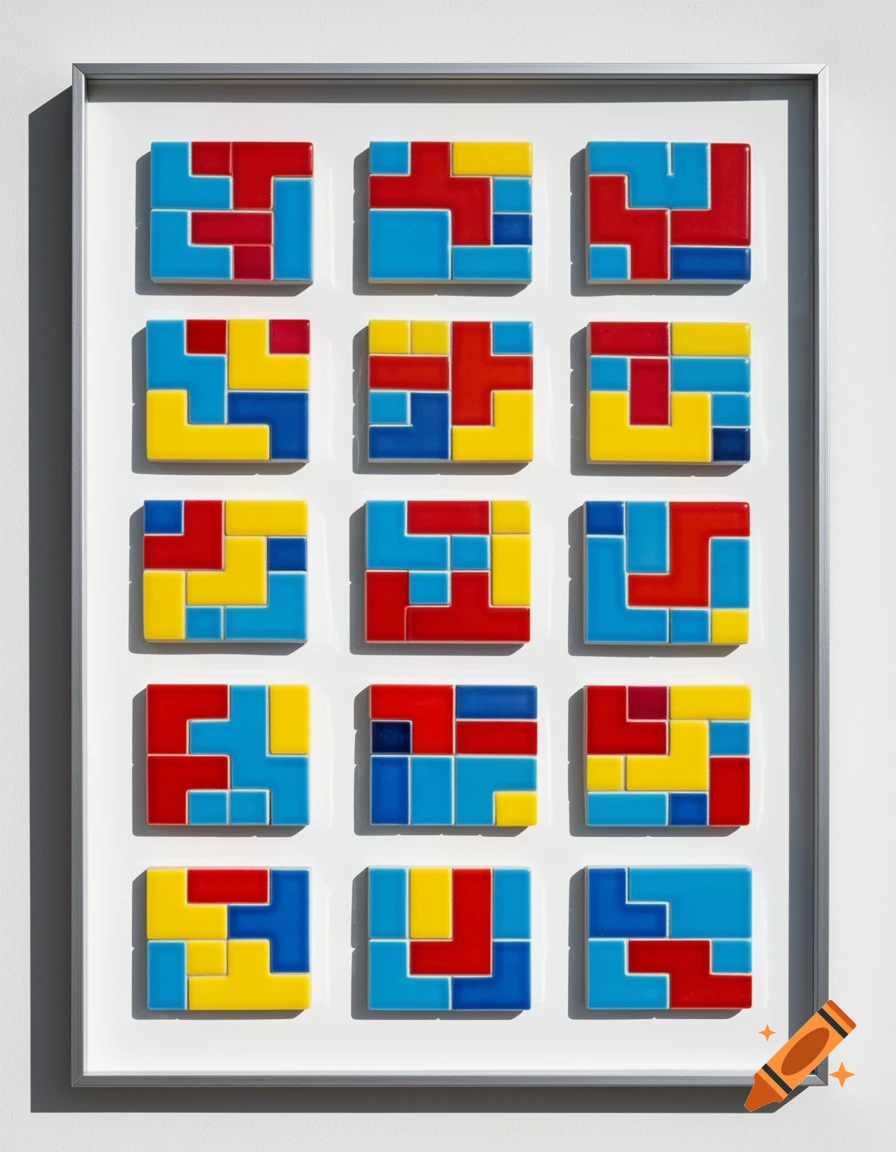 A framed grid of twelve square tiles, each containing colorful Tetris-like shapes in red, blue, and yellow against a white background.