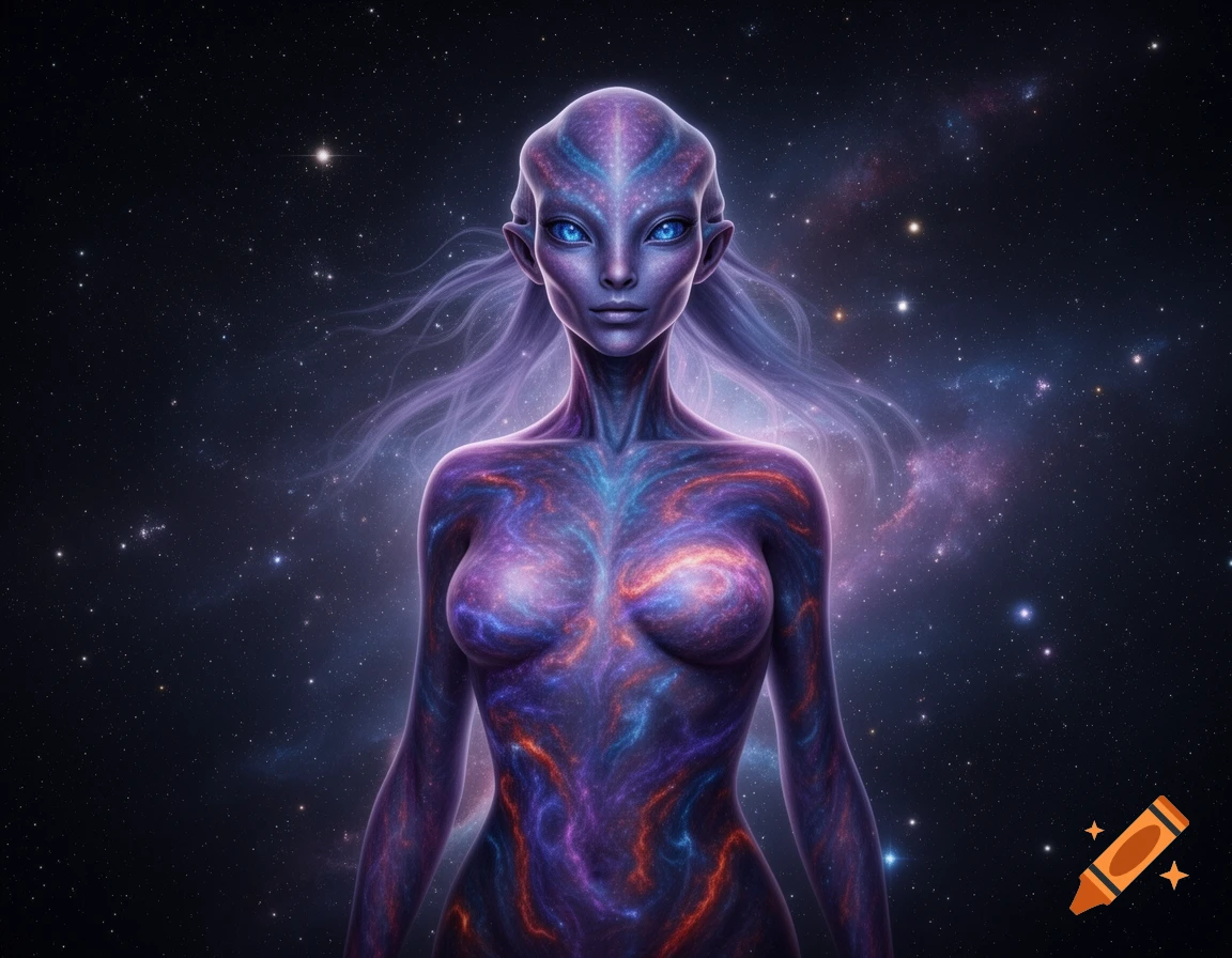 Purple humanoid alien with glowing blue eyes and skin patterned like nebulae stands against a starry cosmic background.